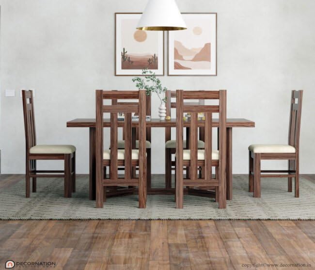 Image of DecorNation Lorina Solid Wooden 6 Seater Dining Table Set with Chairs | Large Rectangular Dining Table | Modern Contemporary Dining Furniture for Home