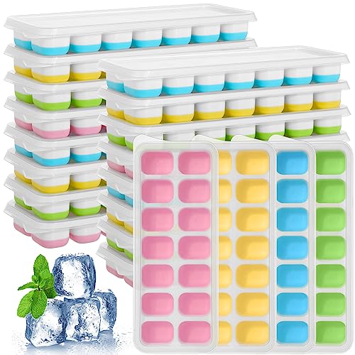 20 Pack 280 Pcs Ice Cube Trays for Freezer Silicone Ice Trays with Spill Resistant Removable Lid Easy Release Flexible Stackable 14 Iced Cube Maker Mold for Cocktail Coffee, Yellow Pink Blue Green