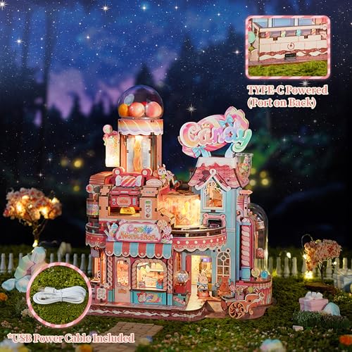Image of Tonecheer 3D Wooden Puzzle for Adults- Candy Workshop, Mechanical Transmission Model Kit, Dynamic DIY Building Set with Music & Lights, Miniature House Kit Ideas