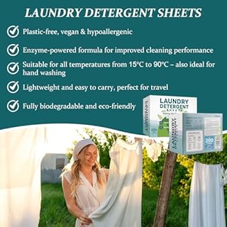 Fogli Detersivo Bucato 200 Lavaggi (100×2 Fogli), Detersivo Universale Senza Plastica ed Ecologico, Biodegradabile e Solubile in Acqua, Compatto e Ideale per Viaggi e Casa