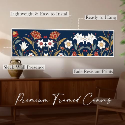 Image of Blue Luxury Floral Botanical Canvas Framed Wall Art Painting For Living Room, Blue Ornamental Flowers Painting With Frame, Elegant Panoramic Botanical Wall Art For Home & Office Decor, 13x47 Inch