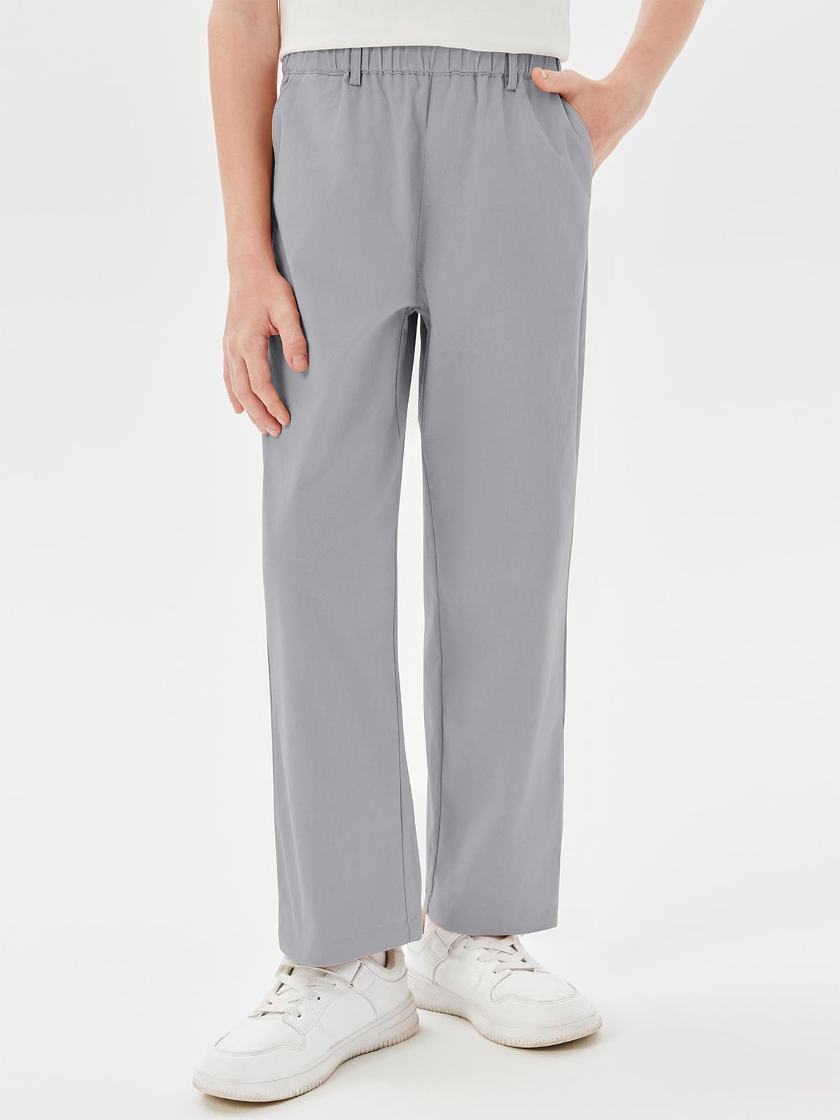 Haloumoning Pantalones de cintura elástica para niños, uniforme escolar, pantalones de sarga de algodón con bolsillos, 5-14 años