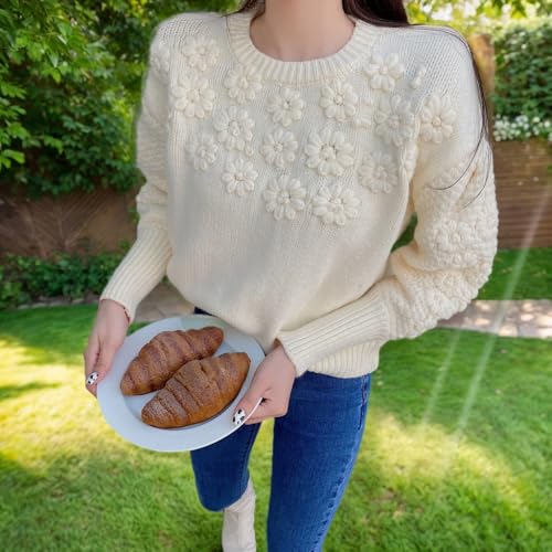 Image of Women's Loose Fitting Heavy Embroidery Three-Dimensional Flower Long Sleeved Knitted Pullover Sweater top