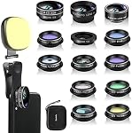 Godefa Kit d'objectif de la caméra téléphonique, 14 en 1 Verres avec la lumière de Selfie pour iPhone 14 13 12 11 Xs X Pro Samsung et autres Smartphone Andriod, Clip universel sur grand angle + Macro+ objectifs de caméra Fisheye