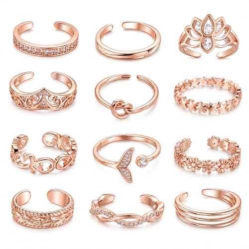 Image of 12PCS Toe Rings for Women 14K Gold /Silver Plated Adjustable Toe Ring Set Open Heart Arrow Infinity Rings Beach Foot Jewelry for Summer
