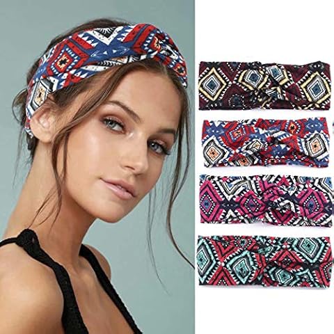 Bohend Boho Breite Frauen Stirnbänder 4 Packung Malerei Haarbänder Bohemia reise Stirnband Sport Baumwolle Haar-Accessoires Cover