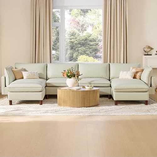Image of CHITA 161 inch Leather Super Large Sectional Couches for Living Room, Modular Cloud Sofa, Premium Genuine Leather Sofa, Down Filled, High Density Foam, Real Leather in Cream, 6 Seat U Shaped