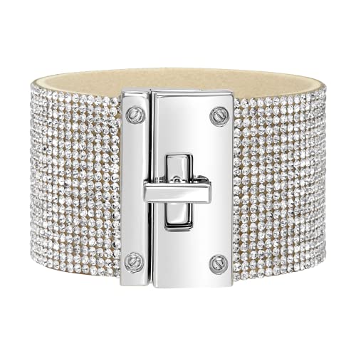 Badgley Mischka Women's Bracelet - Crystal Studded Leatherette Box Clasp Bangle Cuff Wrap Wristband
