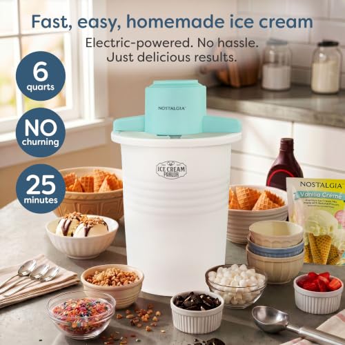 Image of Nostalgia Electric Ice Cream Maker - Parlor Style, Old Fashioned Soft Serve Ice Cream Machine Makes Frozen Yogurt or Gelato in Minutes - Fun Kitchen Appliance - Blue & White - 6 Quart