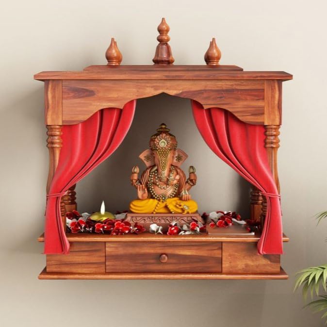 Image of Sheesham Wood Temple Solid Wood Classic Wooden Temple for Home, Office Pooja Mandir with 1 Drawer for Storage Home Decoration | Wall Devghar