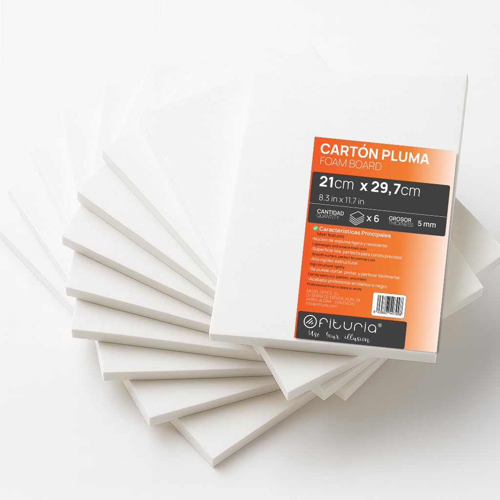 OFITURIA White Foam Panel A4 (21 x 29.7 cm) Pack of 6 Pieces, Lightweight and Rigid Foam Board, Multi-Purpose Foamboard with Easy Cut, Ideal for Crafts and Models, Thickness 5 mm