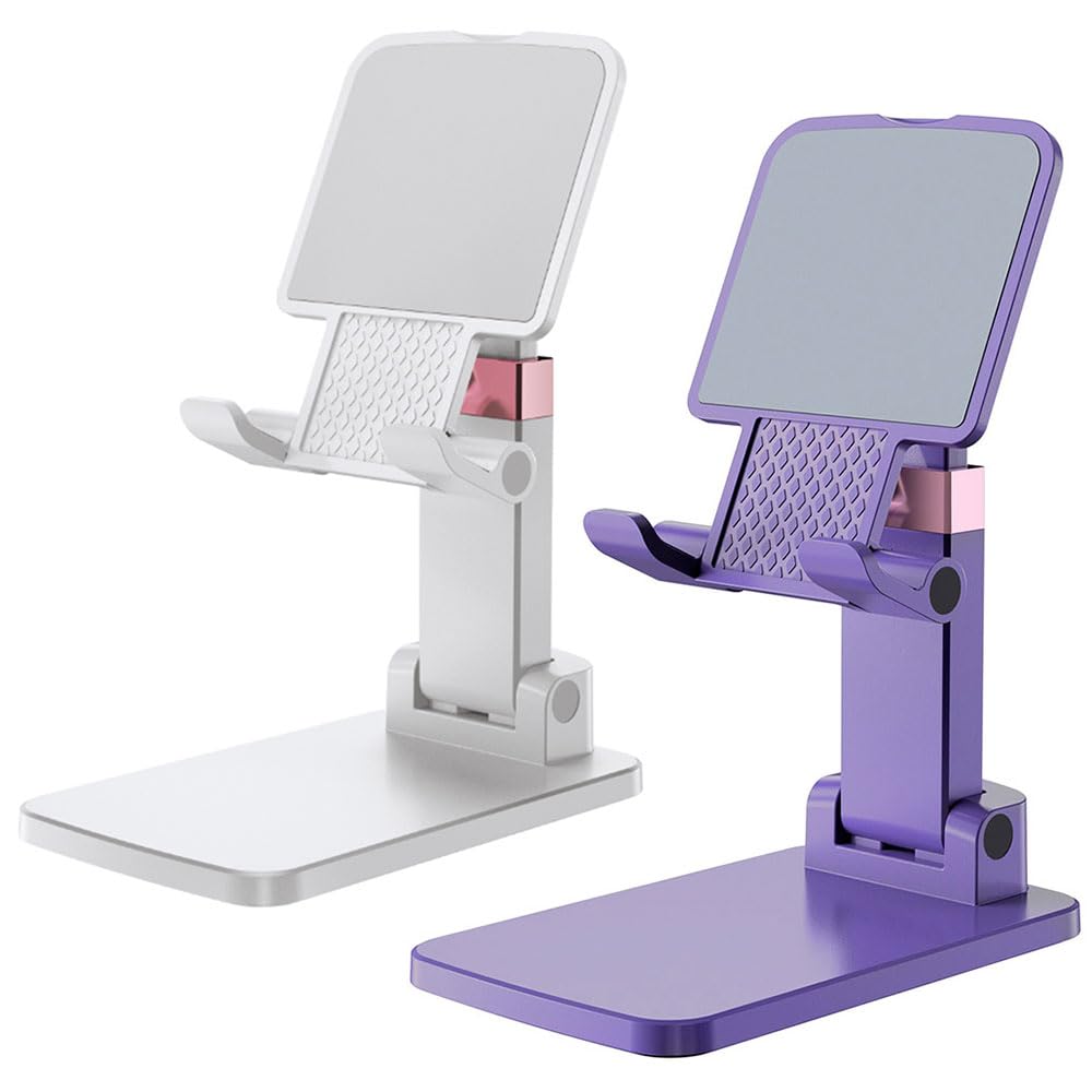 Cell Phone Stand Cute Mobile Holder For iPhone Desk Office Accessories | for thick cases; Under 12" Tablets, e-readers; Folds flat; Anti-slip; Weighted base 11-White&Purple