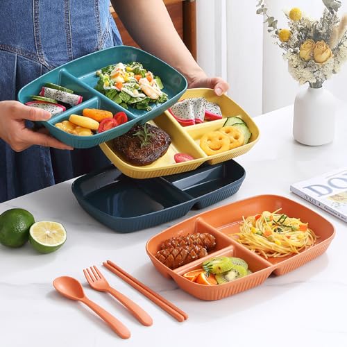 Image of Wheat Straw Plastic Dinnerware Unbreakable Dinner Plates for Dessert, Pasta, Cereal, Camping Dishes for Daily Use Microwave & Dishwasher Safe Dinnerware Sets Tray (Nordic Blue, Pack of 4)