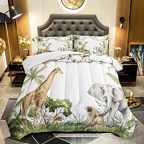 QOOMO Elephant Giraffe Monkeys Comforter Queen Size,Wild Animals Kids Comforter Set,3Pcs Bedding Set Printed Comforter with 2 Pillowcases,Down Alternative,Soft and Lightweight,for All Seasons