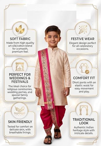Image of Boys Dhoti Kurta Set Sherwani Style for Kids | Ethnic Traditional Kids Wear with Patiala Dhoti & Dupatta | Wedding Dress for Boys | Indian Cultural Outfit for Puja Festival Party