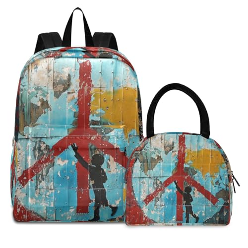 Backpack Lunch Bag Set Peace Sign Painting Print, Big Storage Travel Backpacks with Insulated Lunch Box for Office Hiking Picnic