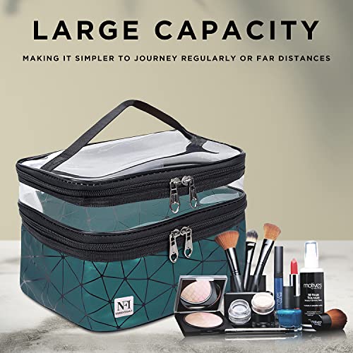 Image of NFI essentials Transparent Makeup Bags Double Layer Travel Cosmetic Cases Make up Organizer Toiletry Bag with 2 Zipper for Women & Girl (Green)