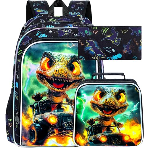Image of 16 inch Dinosaur Backpack for Boy, 3Pcs Truck Bookbag with Lunch Box, Kids School Backpacks for Elementary Preschool Kindergarten (Black)