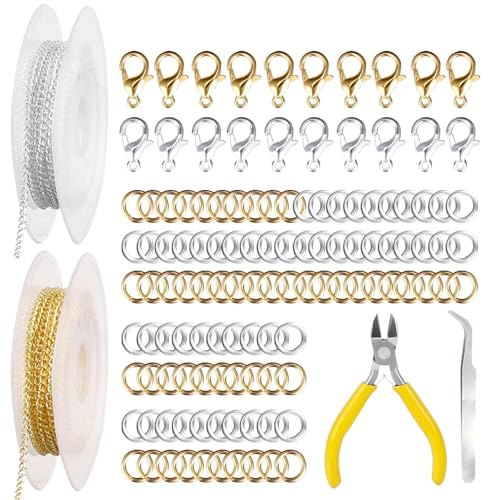 144 PCS Chaine Fabrication Bijoux de 5 m - Au mètre - Argent et jaune - Avec 40 fermoirs mousquetons et 100 anneaux ouverts pour collier DIY