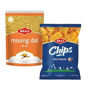 Bikaji Potato Chips Mast Masala & Moong Dal Combo – 280g | Ready to Eat Indian Namkeen | Crunchy Tea-Time Snack, Bar Snack & Party Mix | Savory Indian Munchies for Sharing & Everyday Snacking