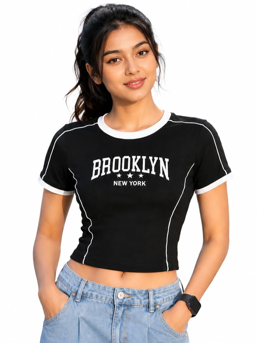 Elevate Your Style Women's Cotton Crop Top | Half Sleeve Round Neck Printed Crop Top | Trendy Casual T-Shirt for Outing & Date Wear-image-6
