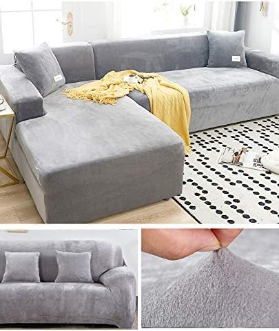 Mikudream Modern Velvet Plush High Stretch Sectional Couch Covers; L Shape Sofa Covers; 2Pcs Sofa Slipcovers For 3 + 3 Seaters Sectional Chaise Slipcover (Silver Gray, Large3 + Large3 Seater Sofa) #TOP2