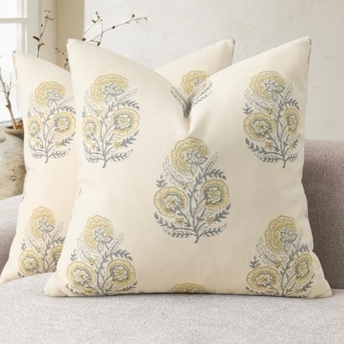 Image of Summer Vintage Floral Print Pillow Covers 18x18 Set of 2 Patterned Accent Decorative Cushion Covers Modern Farmhouse Throw Pillow Covers for Sofa Couch Chair Bed Living Room Home Decor, Mellow Yellow