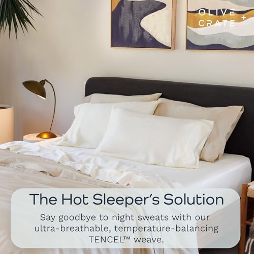 Image of Olive + Crate Tencel Lyocell Eucalyptus Sheets King Size - Cooling Tencel Sheets for Hot Sleepers with 18 Inch Deep Pocket Fit - Ivory 4-Piece Set