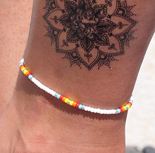 Boho Anklet, Native American Jewelry, Unique Thin Beaded Ankle Bracelet For Women Or Girls, Colorful Bohemian Hippie Beach Waterproof Foot Jewelry, Handmade By Tribes #TOP1