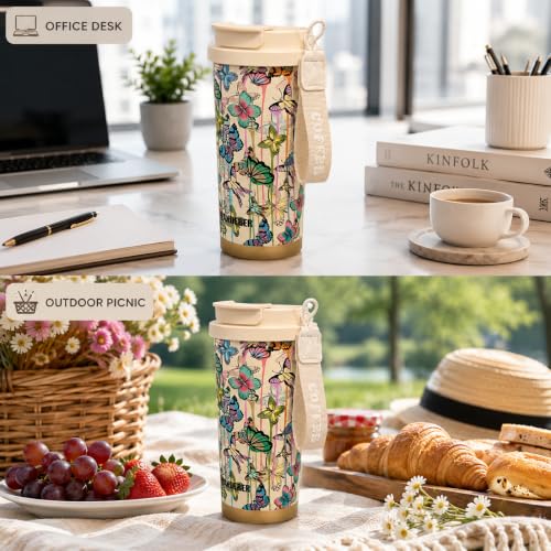 Image of Vasukie Stainless Steel Coffee Tumbler with Carrying Strap, Aesthetic Cream Butterfly & Floral Travel Mug, Leakproof Water Bottle for Women & Girls (500ML)