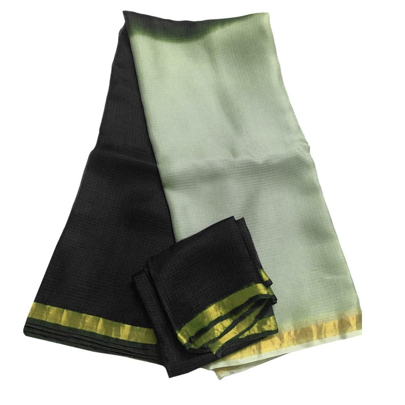 GenericWomen's Handloom Cotton Art Silk Bhagalpuri Sari Textured Check Two Dye Net Saree-Free Size-Variation - Gold - Black