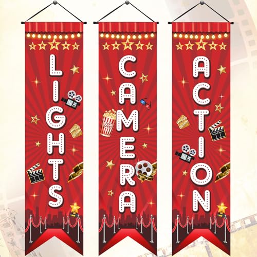 Image of Tegeme 3 Pcs Movie Night Porch Sign Banner Movie Theme Party Decorations Theater Welcome Now Showing Light Camera Action Hanging Porch Sign for Home Film Backdrop Party Supplies (Red,Camera)