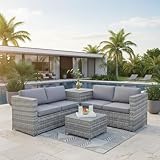 Mucola Polyrattan Lounge Set mit Kissenbox – Gartenlounge XXL, wetterfest & UV-beständig, inkl. Tisch mit ESG-Glasplatte, modulare Outdoor Sitzgruppe für Garten, Terrasse & Balkon, Grau