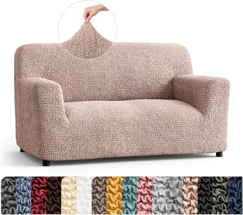 Image of Bellissima Sofa Covers - Premium Luxury Microfibra Plain Stretchable Sofa Cover 2 Seater Fully Covered Slipcover, Imported from Italy (Champagne)