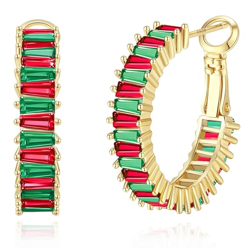 GLOQUAT Red and Green Christmas Hoop Earrings 14K Gold Plated Red and Green Hoops for Women 925 Sterling Silver Post Vintage Colorful Womens Christmas CZ Gold Xmas Earrings Trendy Holiday Gift 25mm