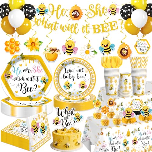 Yingoto 216PCS What Will It Bee Gender Reveal Decorations All-in-One Bee Gender Reveal Party Supplies with Plates Napkins Cups Banner Balloons Tablecloths Cake & Cupcake Toppers Serves 25