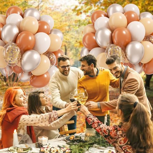 Image of 60pcs Fall Balloons 12inch, Thanksgiving Balloons with Burnt Orange Nude Sand White Metallic Gold Confetti Balloon for Fall Thanksgiving Baby Shower Bridal Birthday Party Decorations
