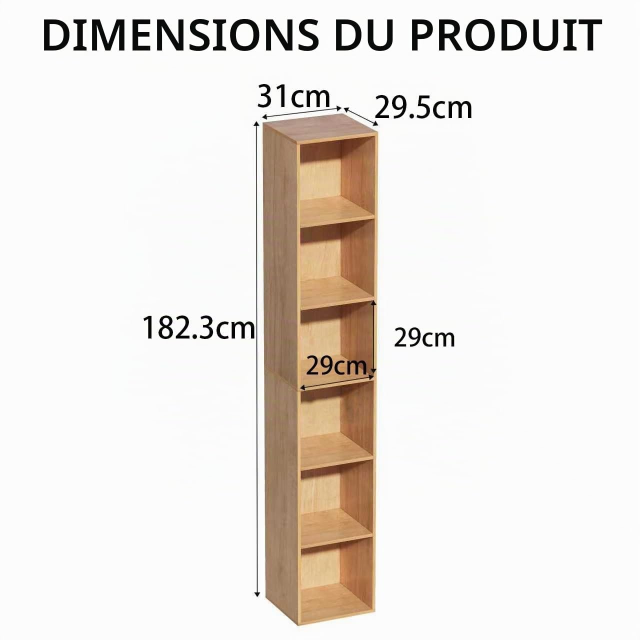 Bibliothèque à 6 Étagère, Meuble de Rangement en Bois, 31x29.5x182.3cm