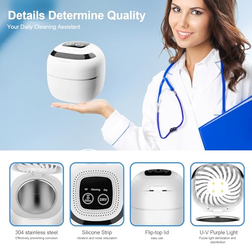 Image of Retainer Cleaner ultrasonic，45kHz 180ml ultrasonic cleaner, cleaning and drying functions with Digital Timer，Retainer Cleaner Machine for Dentures, Mouth Guards, Braces, Jewelry (White)