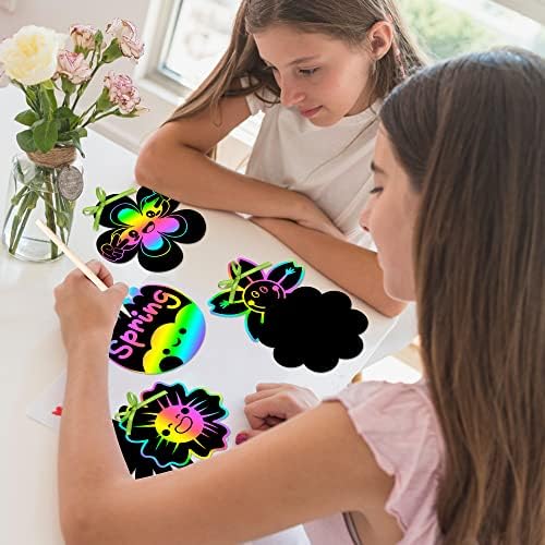 HubirdSall 60Pcs Spring Flowers Scratch Card for Kids DIY Sunflowers Magic Art Rainbow Color Craft Kit, Springtime Home School Classroom Activity Artwork Project Party Favors Hanging Ornament 4 51kKgnJBm8L. AC