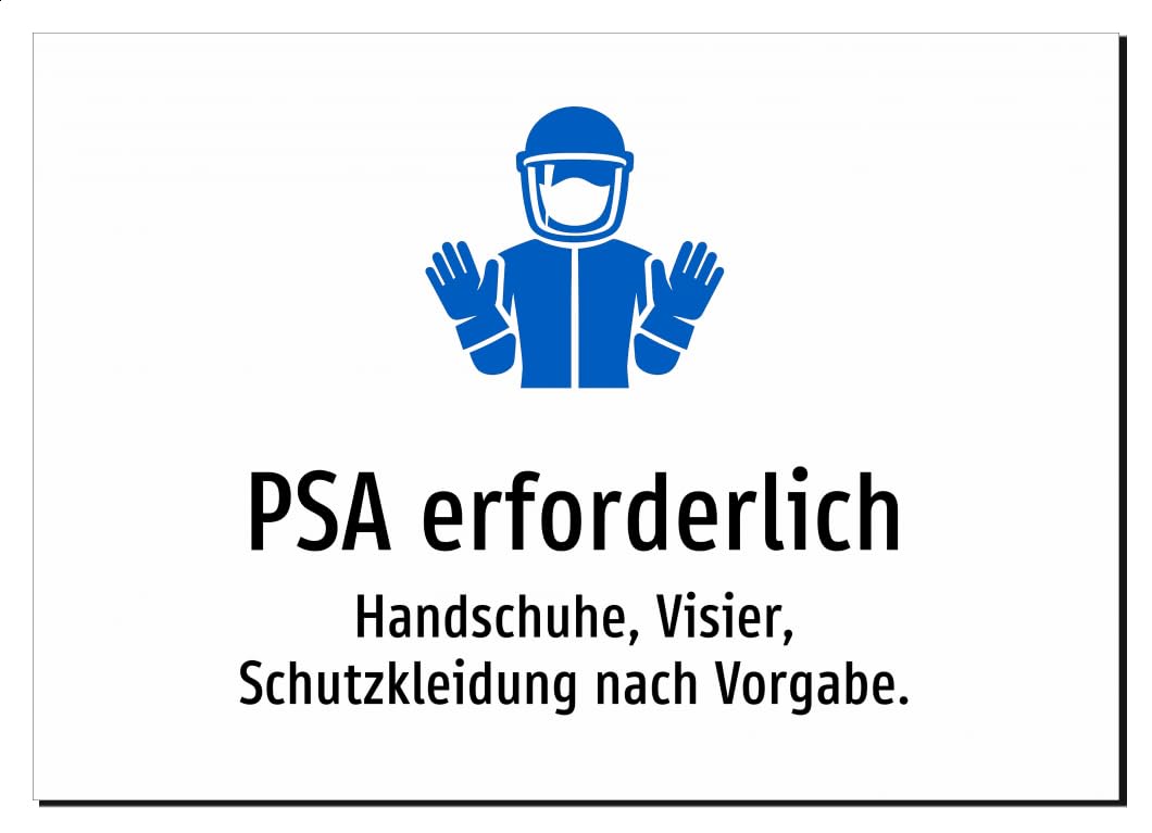PSA erforderlich - Handschuhe, Visier, Schutzkleidung nach Vorgabe. – Aufkleber A2: 594x420mm – Mit Grafik und Text