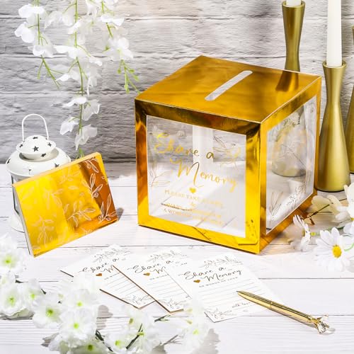 Image of Pajean 50 Pcs Greenery Share a Memory Card for Celebration of Life Memory Cards Box with Transparent Windows Memory Box for Funeral Wedding Birthday Graduation Bridal Shower Guest Card Ideas (Gold)