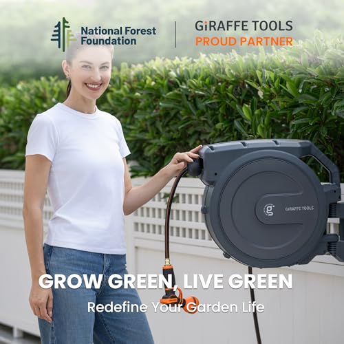 Giraffe Tools AW40 Retractable Hose Reel 5/8" x 90 ft Wall Mounted Garden Hose Reel Heavy Duty, Automatic Rewind, 180 Deg Swivel, Any Length Lock, 9 Pattern Nozzle, 90 ft, Dark Grey