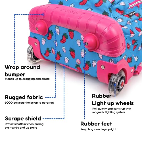 Image of J World Lollipop Kids Rolling Backpack & Lunch Bag Set for Elementary School. Carry-On Suitcase with Wheels, Strawberry