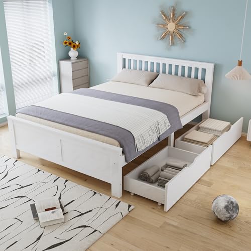 Merax Doppelbett mit Schubladen 140 x 200 cm, Holzbett mit Kopfteil und Lattenrost, einfacher Stil Bettgestell, Kinderbett Jugendbett Erwachsenenbett, Rahmen aus Kiefernholz, Weiß