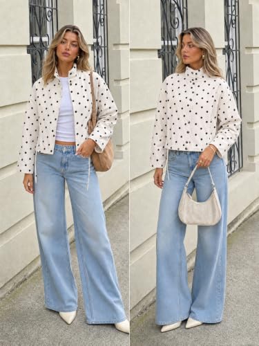 Fisoew Womens Polka Dot Cropped Jacket Zip Up Drawstring Lightweight Coat - image 5