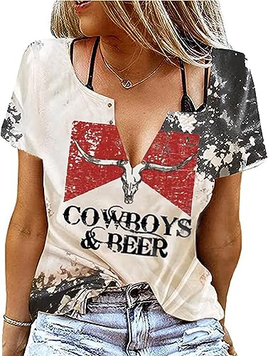 Cowboys & Beer Shirt for Women Country Music Tshirt Vintage Western Steer Skull Graphic Tees Cowboy Rodeo Blouse Top
