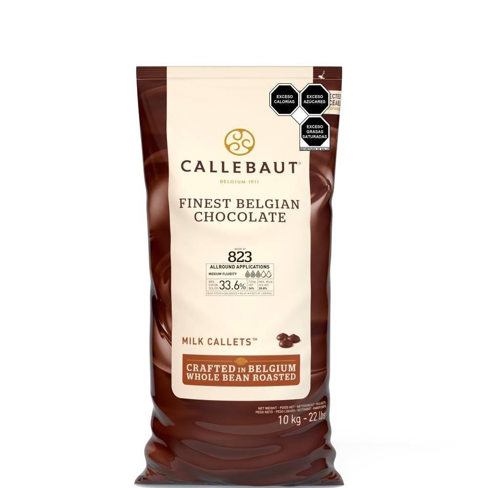 823 Milk Chocolate Callets - 22 LBS Belgian Baking Chocolate Callets - Min 30.2% Cocoa butter, 4.9% fat free cocoa, 6% Milk fat, 15.8% Fat free milk - Recipe 823NV-595 - 22 Lbs (10 kg)