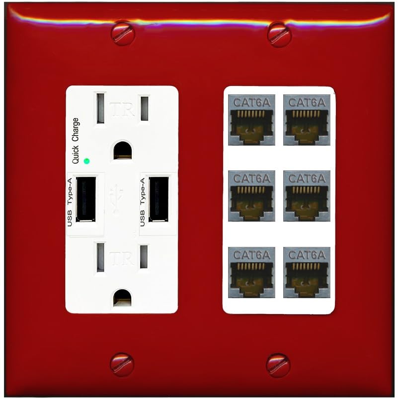RiteAV - 6 Port Cat6A Ethernet Wall Plate - USB Outlet [White]