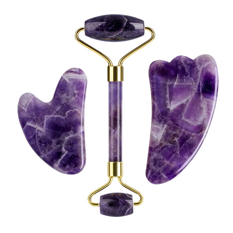 Máscara facial de jade de cristal morado Gua Sha, raspador, masajeador y rodillo, amatista natural, piedra gouache, cuidado corporal, belleza